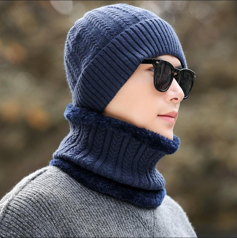 Winter solid color cloth label sports knitted hat men's simple outdoor warm ear protection scarf wool hat cold protection two-piece set