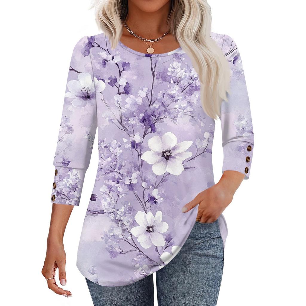 Women's Fashion Casual Floral Print Round Neck T-shirt Top With Seven Cuff Sleeves