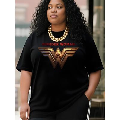 Europäische Größe Justice League Damen Wonder Woman Logo Grafik T-Shirt - L-5XL, Ganzjahres-Komfort Lässiger Rundhalsausschnitt Kurze Ärmel