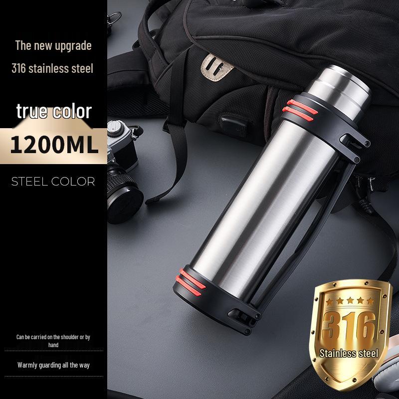 Large Stainless Steel Insulated Water Bottle with Double Lid and Strap for Outdoor Sports
