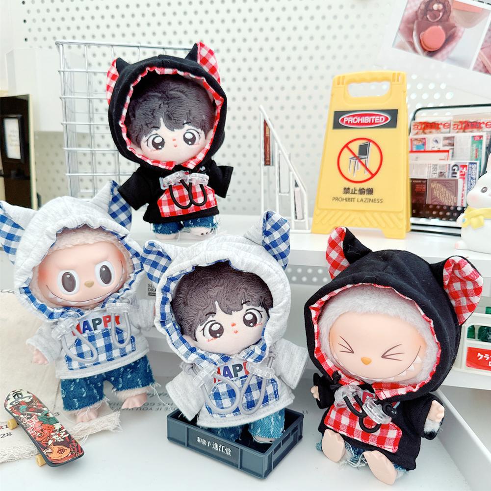 Für 17 cm Labubu Puppenkleidung, modische Kleidung, Kapuzenpullover, Puppenkleidung, farblich passende Kapuzenpullover, Puppenzubehör, süße Dekoration, kleine Tücher