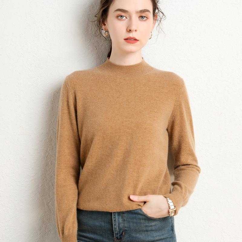 Women's Cashmere Half-High Collar Velvet Sweater - New 2023 Autumn/Winter Long Sleeve Pullover Knit Base Layer Shirt