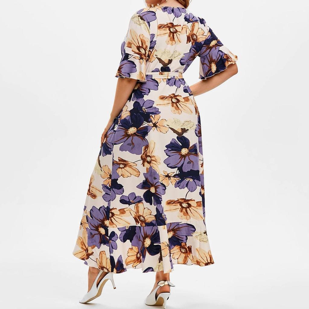 Summer Women's Dress V-neck Short Sleeve Large Size Casual Bohemian Print Irregular Dress Fishtail Skirt