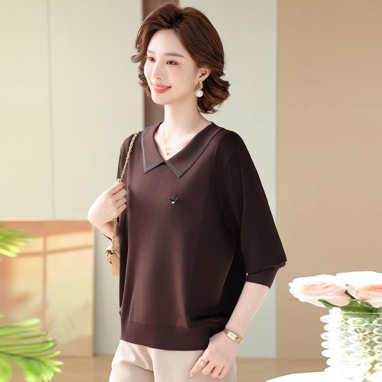 

Middle-aged and Elderly Women s Casual Tops Fashionable Mother Spring Clothes Fashion Knitted Sweater Middle-aged Large Size Solid Color Lapel Shirt L