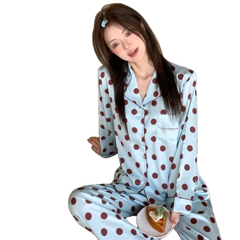 New polka dot double long-sleeved trousers can be worn outside Internet celebrity polka dot contrasting color ice silk pajamas high-end loungewear
