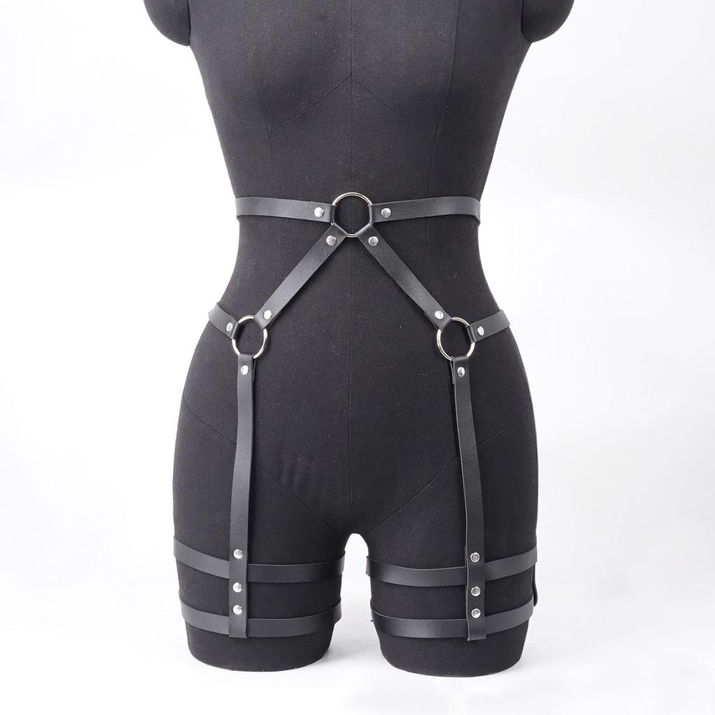 Black Faux Leather Body Harness with O-Rings, Adjustable Punk Garter Belt for Women