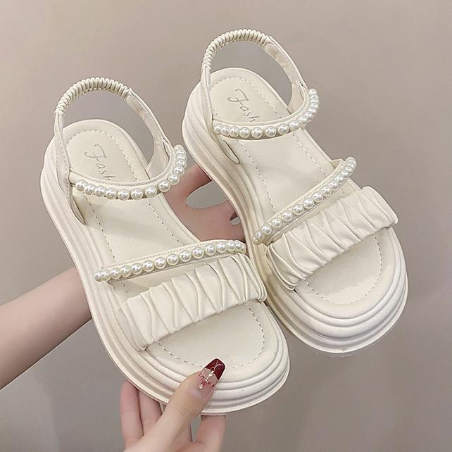 Taoffen Casual Sandals For Women Breathable Exposed Toes Pearl Sandals Lightweight Soft Elastic Band Thick Sole Height Increasing Shoes
