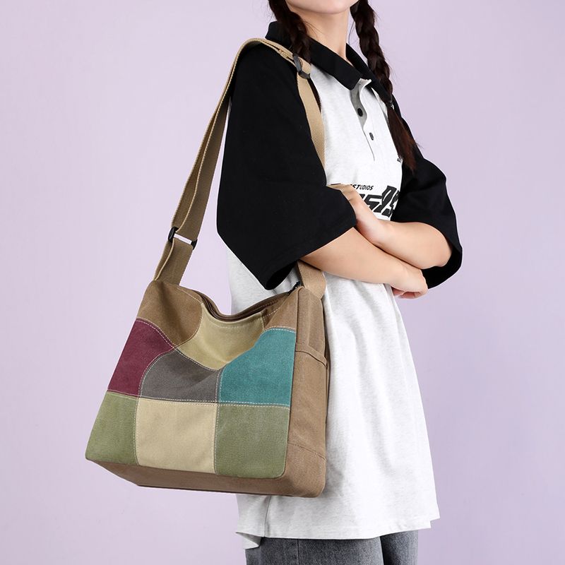 Damen Farbblock Patchwork Canvas Umhängetasche Lässige Schultertasche Mode Outdoor Einkaufen