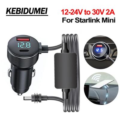 Adaptador de Corriente Impermeable Starlink Mini 12V-24V a 30V 2A Convertidor Elevador, Cargador de Teléfono Tipo C QC3.0+PD con Voltímetro Digital