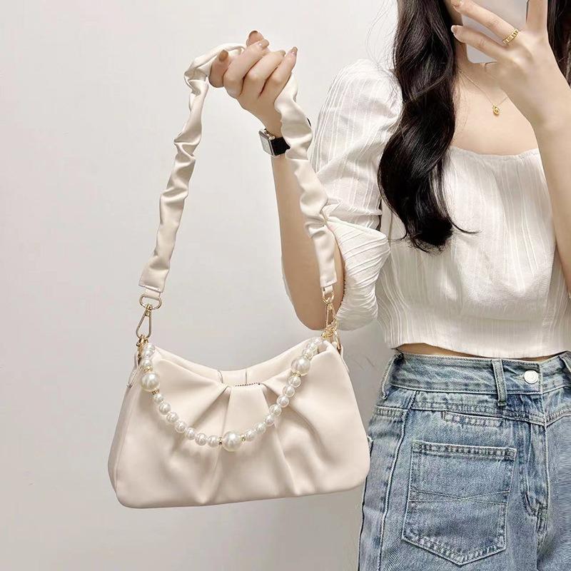 French versatile white pleated cloud bag for women, new pearl chain underarm bag, shoulder messenger bag for women