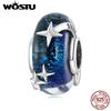 WOSTU 925 Silver Space Blue Murano Glass Beads Shiny Star Starry Charms Fit Original Bracelet Bangle DIY Jewelry Making