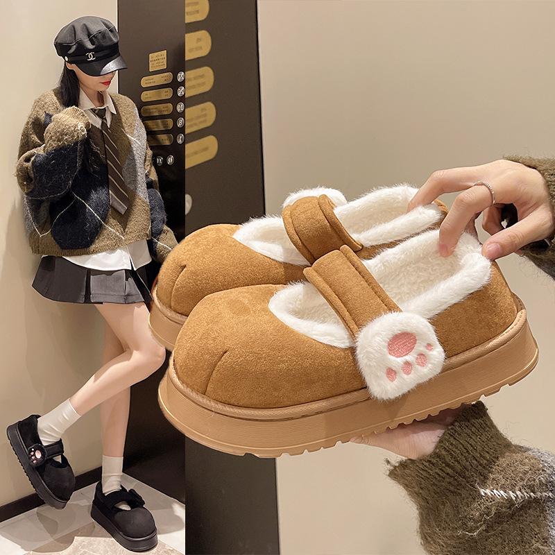 Cute Cat Paw Snow Boots Shoes Winter Velvet Thick Sole Indoor Outdoor Shoes Round Toe Ankle Boots