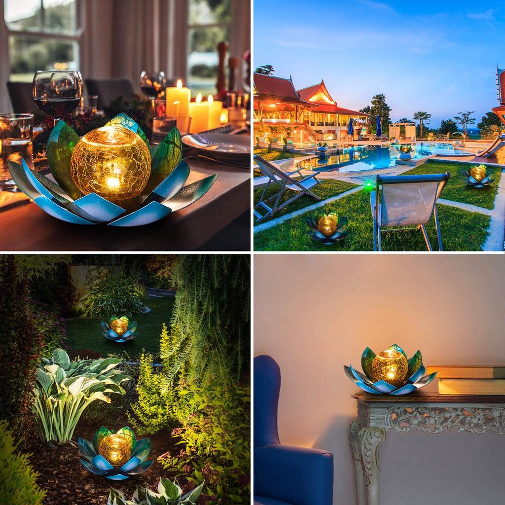 Solarleuchten im Freien für den Garten, Crackle-Globus-Glas-Lotus-Dekoration, wasserdichte LED-Blumenlichter aus Metall