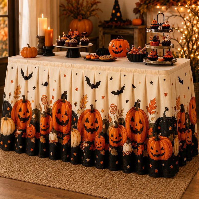Halloween Table Skirt With Waterproof Dustproof Decor Dining 140-275cm Length