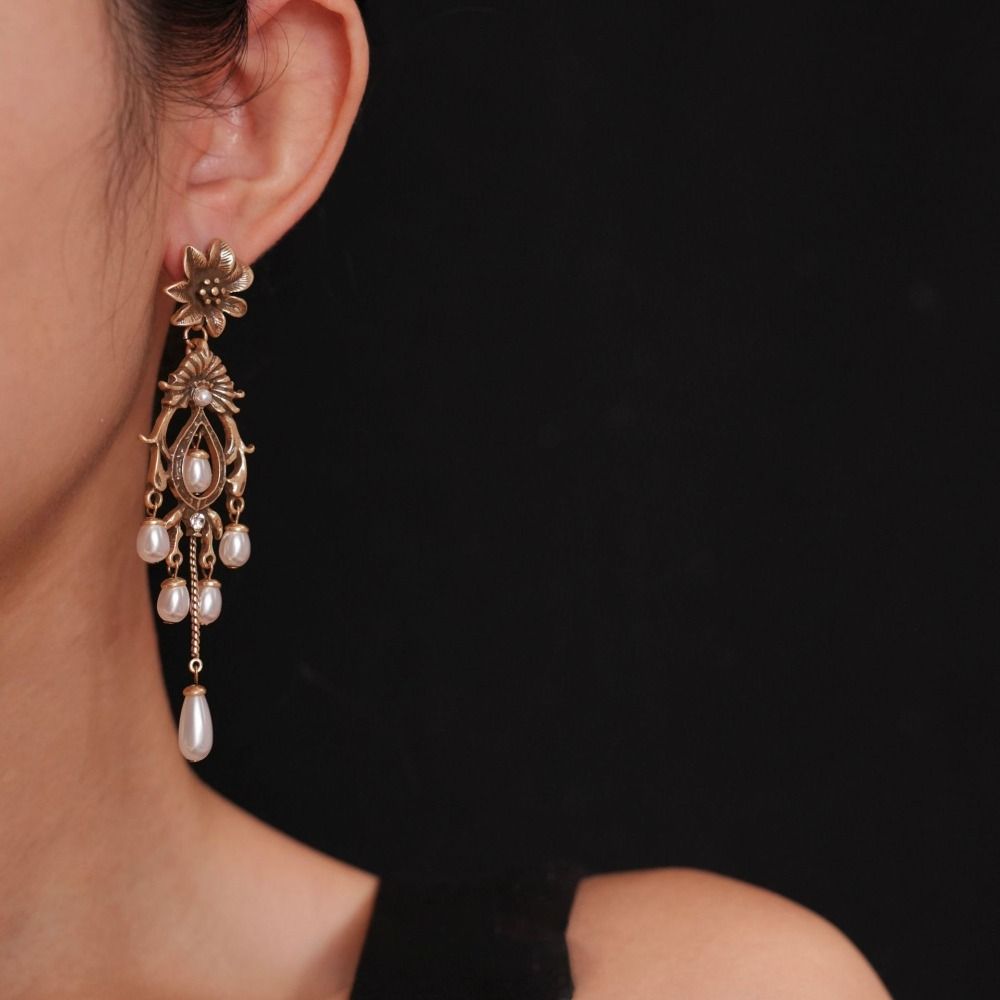 Waterdrop Shape Pearl Drop Earrings Bronze Flower Stud Earrings Vintage Metal Earrings  Party