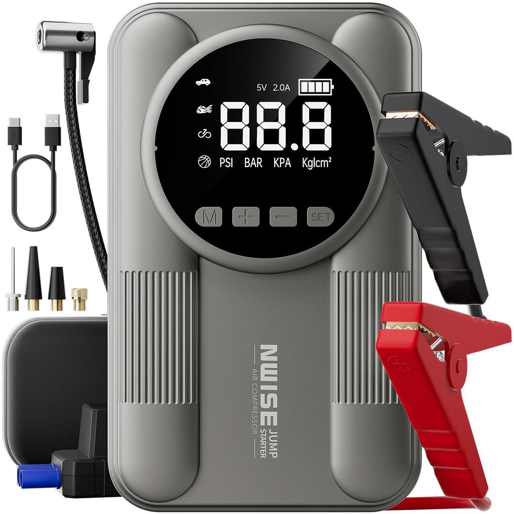 NWISE Jump Starter with Air 6000A Peak Electric Air LED Safety Japanese Instruction PSE Certified Built-in Compressor, Current, Pump, Multi-Function,