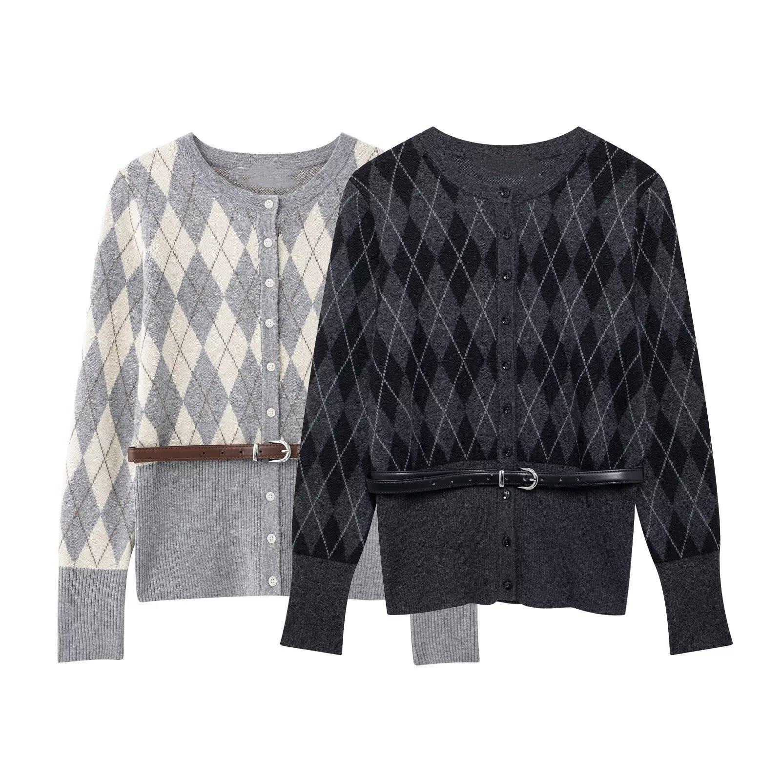 

2025 Spring Women s Slim Fit Diamond Pattern Belted Knit Cardigan M