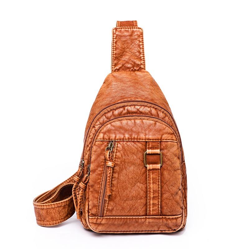 Breast bag women's casual shoulder messenger bag sports fashion washed soft leather chest bag