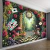 2D Fantasy Wonderland Forest Tapestry Alice Theme with Mushrooms & Cards Wall Hanging