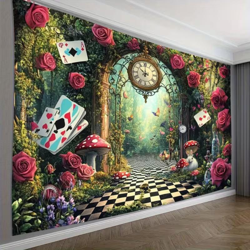 

2D Fantasy Wonderland Forest Tapestry Alice Theme with Mushrooms & Cards Wall Hanging 47.2x31.5inch/120*80cm