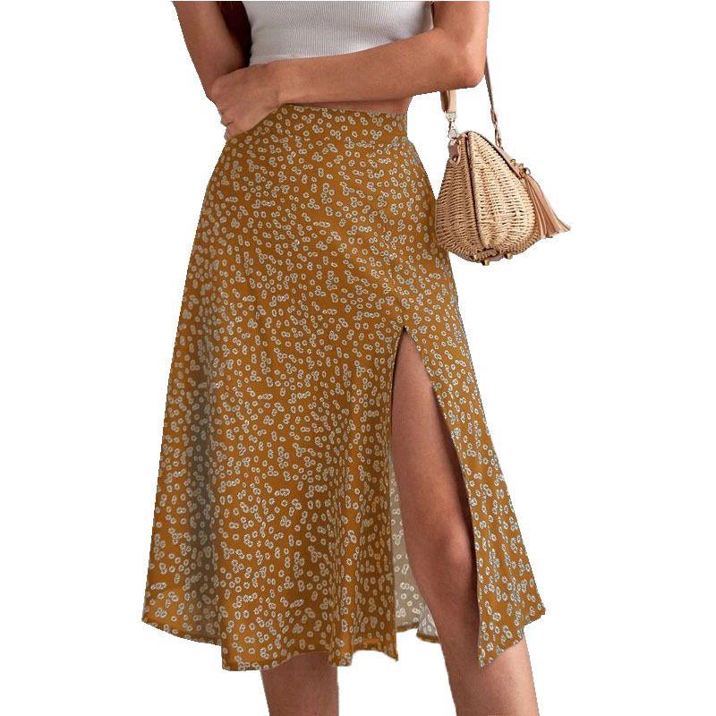 

Printed High Waisted Split Half Length Skirt Floral Print Slit Skirt for Women Yellow S