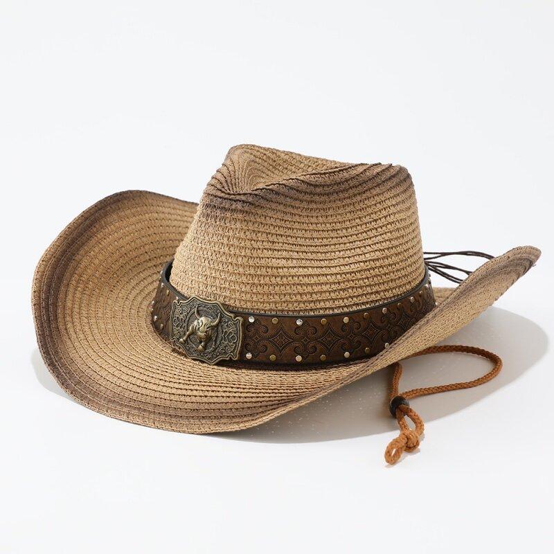 European and American straw hat sunshade upturned brim hat children's outdoor fashion western cowboy hat men's casual retro sunscreen hat