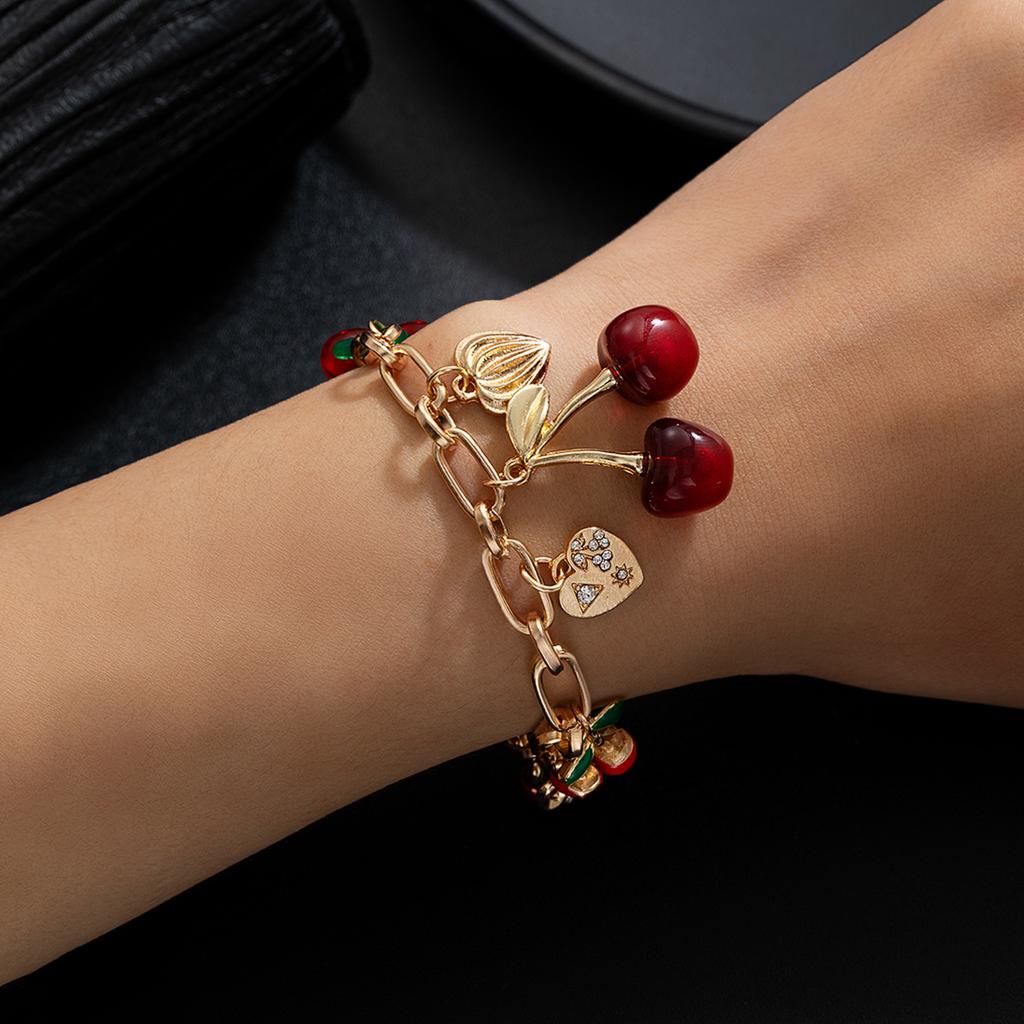 Fashion Personality Wind Cherry Alloy Peach Heart Bow Pendant Adjustable Bracelet Women's Creative Versatile Jewelry