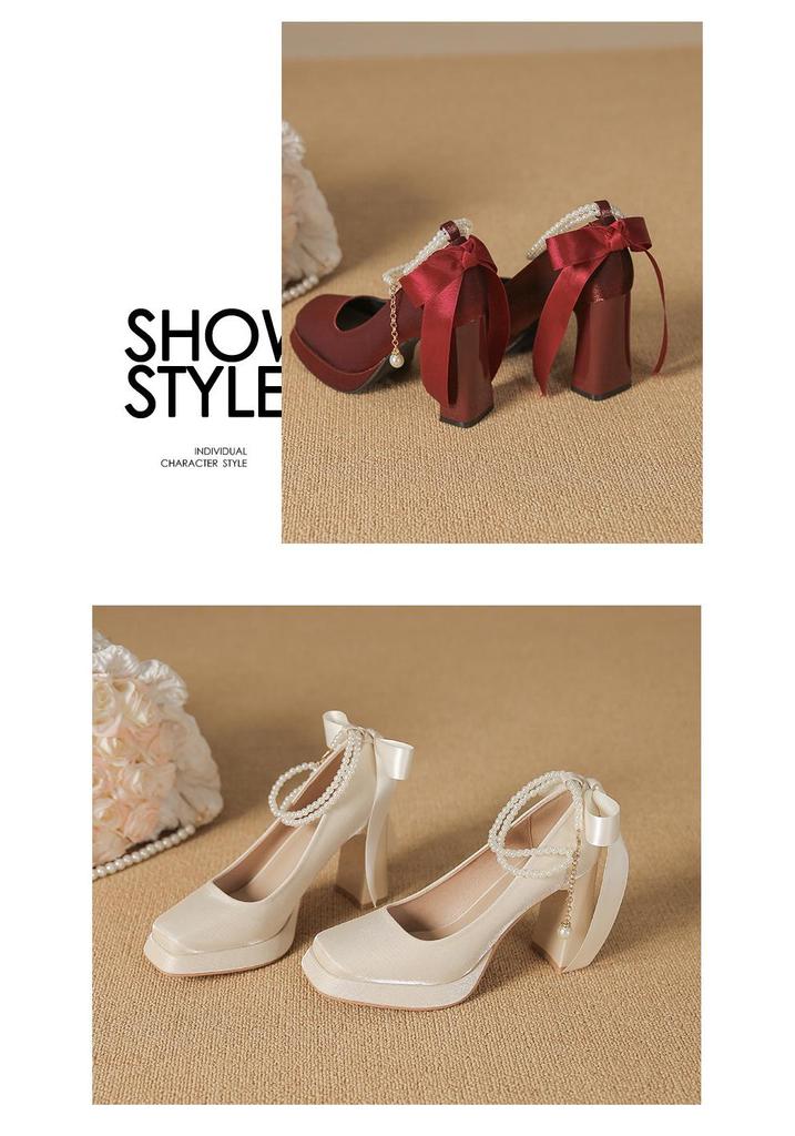 Women's Pearl Suede Mary Janes - Square Toe Chunky High Heels with Bow and Waterproof Platform