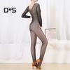 Damen Netz-Overall, ausgehöhlt, langärmelig, dünne Strumpfhose, O-Ausschnitt, hochelastischer Netz-Bodystocking, Tanz-Overall, Latin, Full