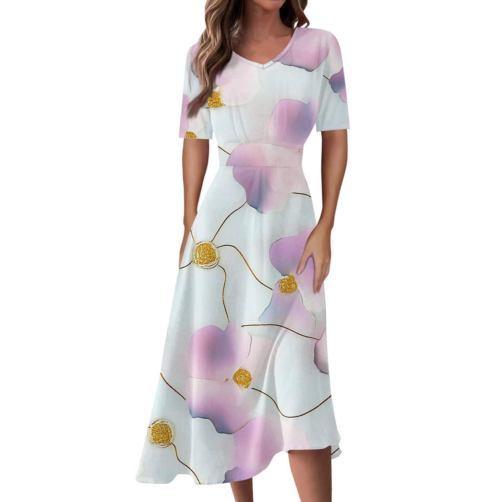 

Women s Casual Fashion Floral (Leaf) Print V-neck Short-Sleeved Waist Long Swing Dress M рожевий