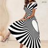 Women Plus Size Round Neck Short Sleeve Black White Striped Printed Gathered Waist A Line Long Dress