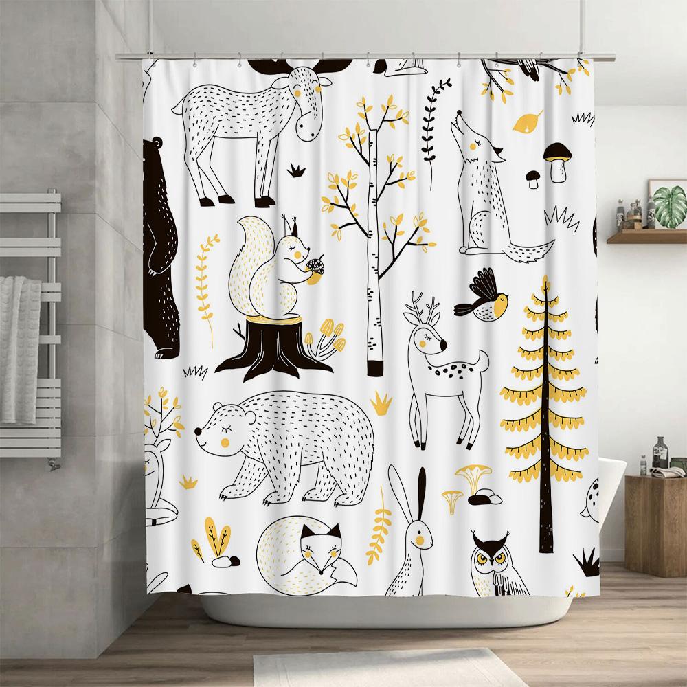 Woodland Animal Shower Curtain Set Black White Design With Yellow Accents For Bathroom Decor