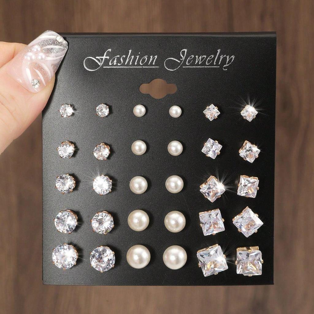 Zircon Pearl Stud Earrings: 12-Pair Set - Unisex, Simple Fashion, Student Style