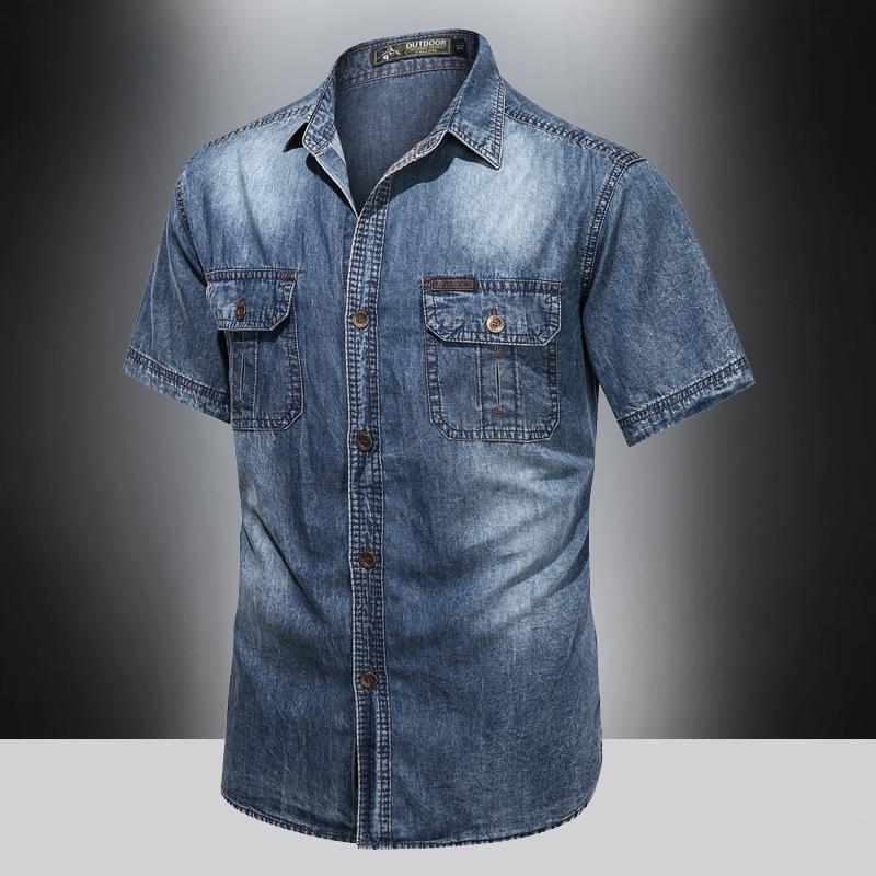 

Сорочка джинсова повсякденна ретро з багатьма кишенями, літній тонкий варіант, красива молодіжна робоча сорочка великого розміру, зручна та міцна, чоловічий топ, модний тренд 5XL темно-синього кольору