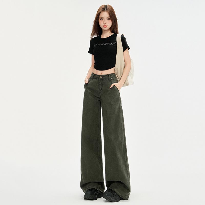 

Women s Khaki Micro-Flare Wide-Leg Jeans - Summer American Design, Floor-Length Workwear XL