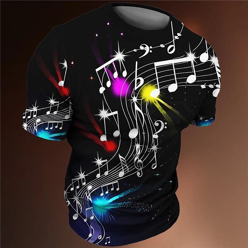 3D Printed Colorful Music T-Shirt For Men Musical Notes Pattern T Shirts Summer Casual Loose Tees Round Neck Tops Short Sleeves
