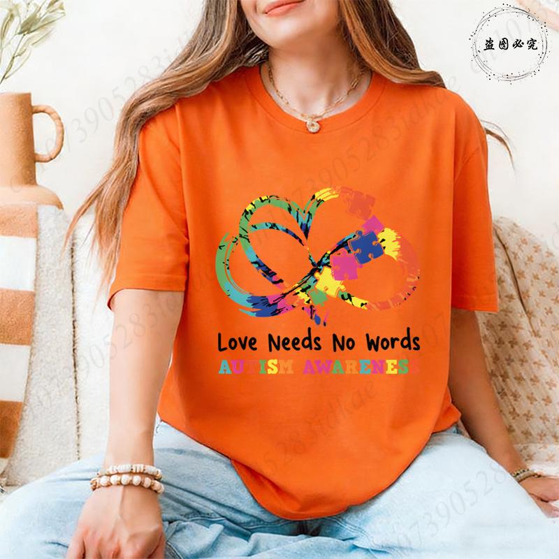 Autism Awareness Women Top Love Needs No Words Puzzle Graphic Tshirts O Neck Short Sleeve Summer Oversized FeUnisex Clothes