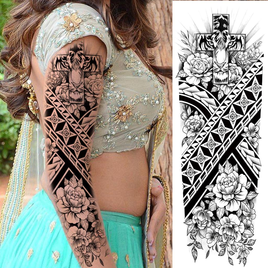 1 Sheet Long Sleeve Temporary Tattoos For Men Women Flower Skull Lion Wolf Tiger Nun Fox Compass Tattoo Sticker Body Art Arm Leg
