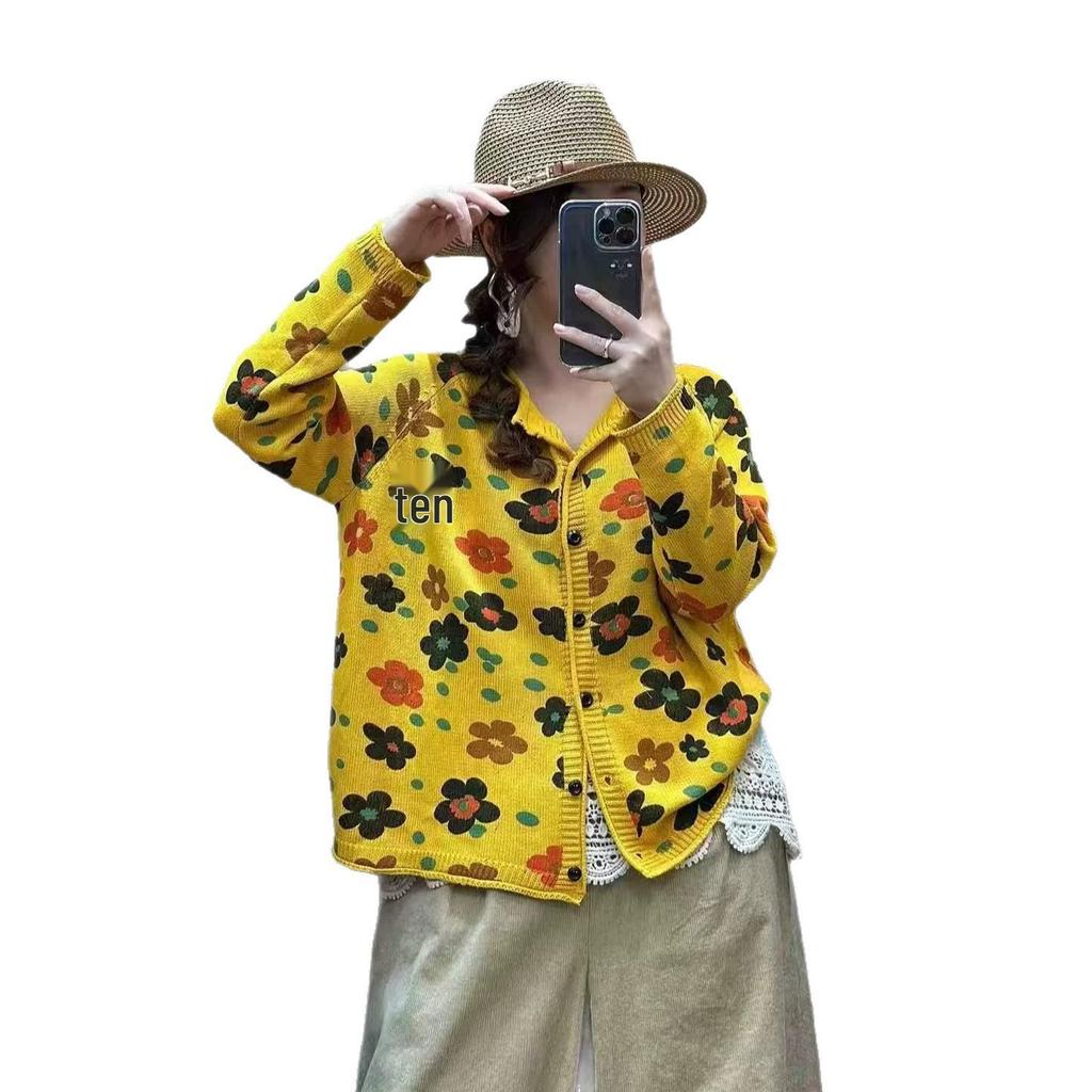 2026 Autumn Retro Floral Knit Sweater: Distressed, Loose, and Round Neck Cardigan