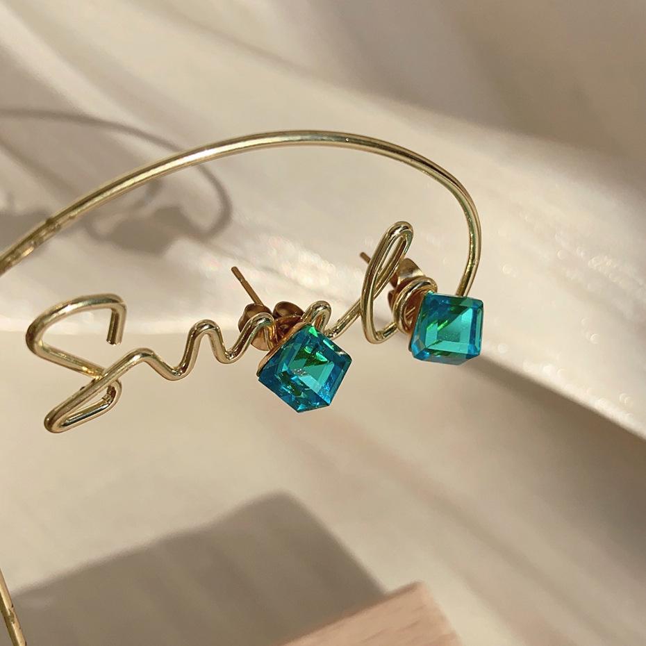 Shiny Color Crystal Small Square Bead Earrings Sea Blue Sugar Cube Titanium Steel Earrings Earrings Light Luxury