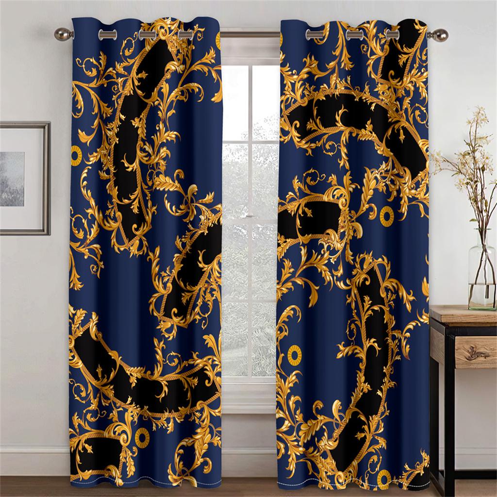 Floral Gold Chain Lines 3D Green Creative Curtains 2 Panels Fit Living Room Kitchen Bedroom Balcony Decor