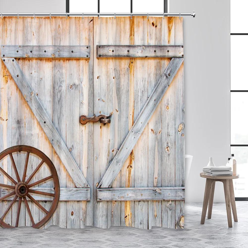 Farmhouse Shower Curtain, Bath Curtain Rustic Barn Door Wooden Western Country Sunflower Floral Fabric Bath Curtain with Hooks