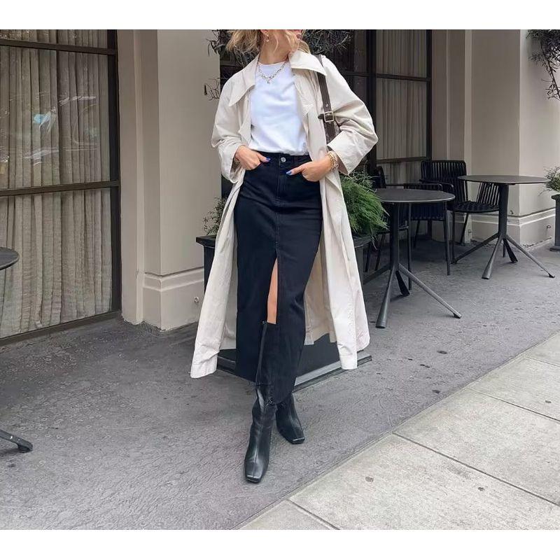 Spring New Arrival American Retro Ins Style High Waist A- Line Mid Length Long Length Front Slit Raw Edge Denim Skirt