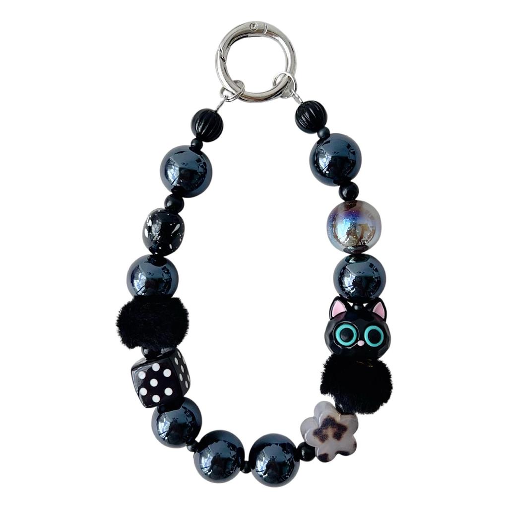 Winter Plush Kitten Phone Chain with Acrylic Rabbit Doll & Bow Charm