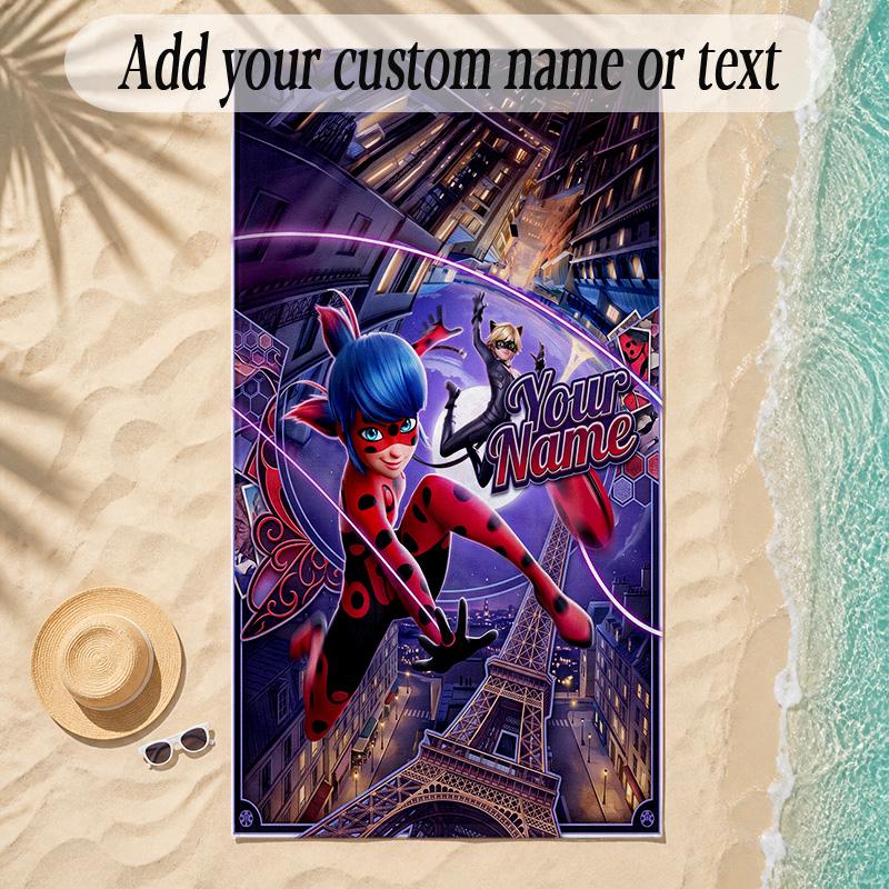 Beach TowelMiraculous Ladybug Custom Name Text Personalized Soft Towel for Beach Pool Indoor Home Decor Gift