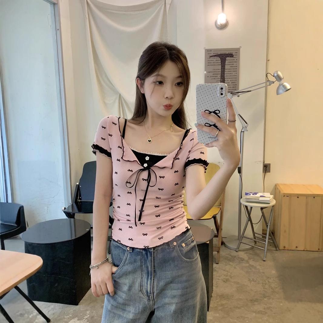 

Sweet & Spicy Lace Patchwork Bow Shoulder Slimming Short Sleeve Women s Summer Top One Size [Premium Version]