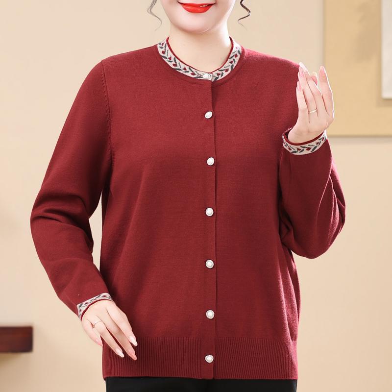 Plus Size Women Button Knit Cardigan for Elderly Ladies Round Neck Long Sleeve Casual Sweater Outerwear