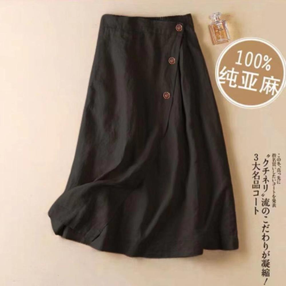 women s Linen Blend High Waist A-Line Midi Skirt Casual Wrap Style with Buttons M чёрный