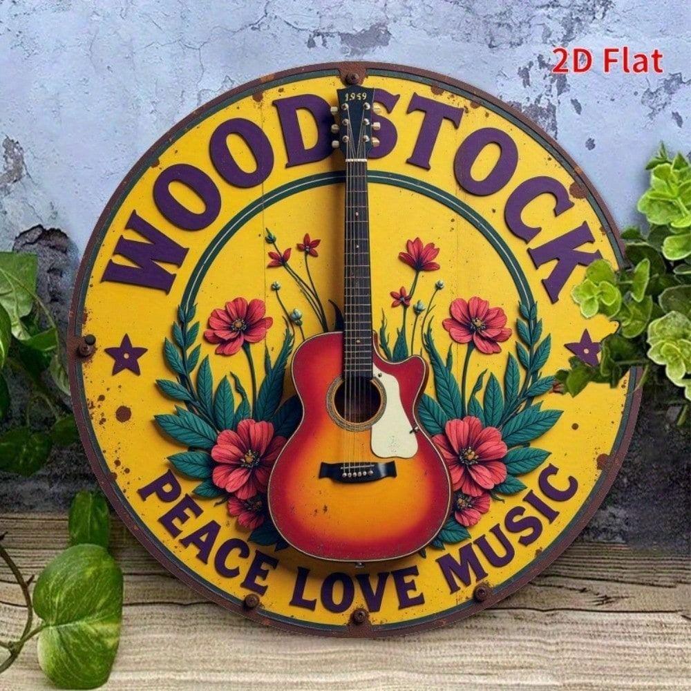 

Vintage Metal Sign Woodstock 20x20 cm, Retro Wall Decor Guitar Flower for Living Room