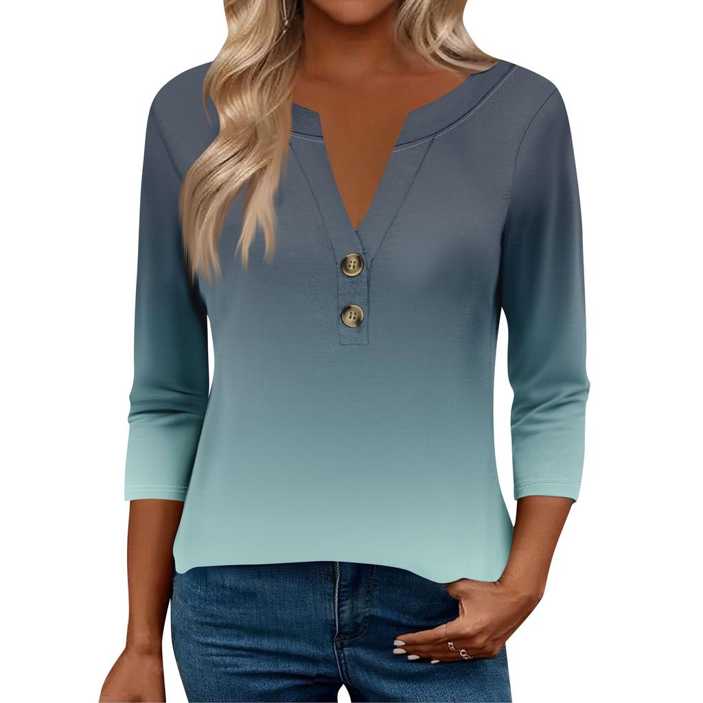 3/4 Sleeve Womens Tops For Women Henely Tops Button V Neck  Loose Fit Dressy Womens Summer Tops